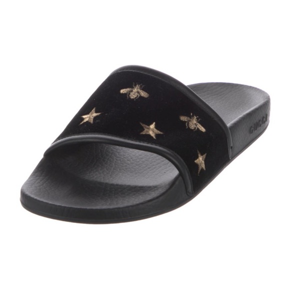 🖤🐝 ⭐️ Gucci Black Velvet Slides w/ Gold Star and Bee Embroidery - Picture 3 of 4